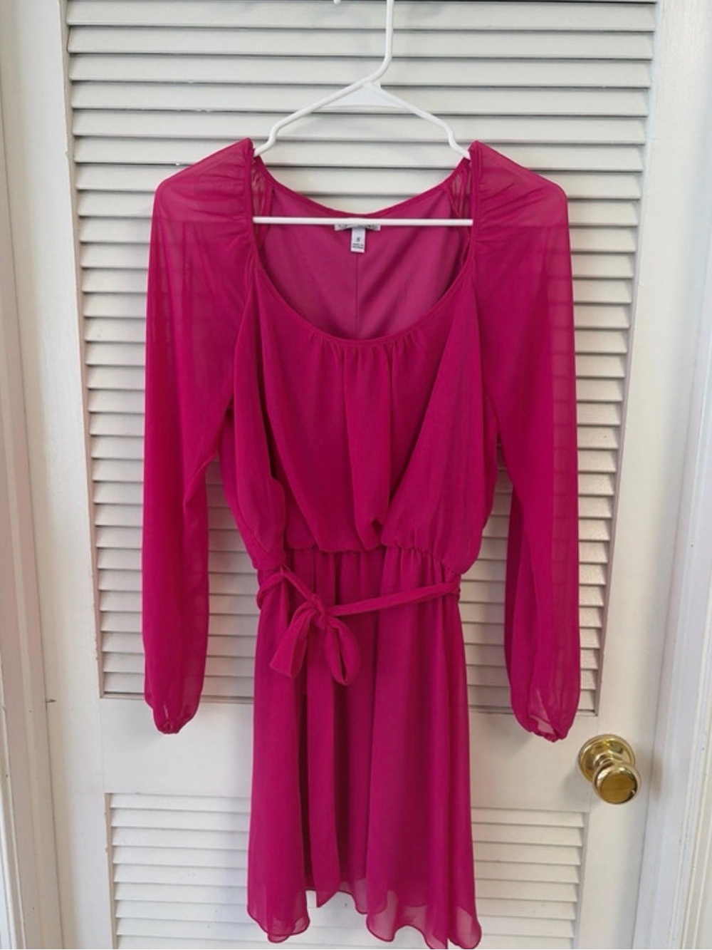 LOFT Fuchsia Long-Sleeve Chiffon Tie-Waist Dress